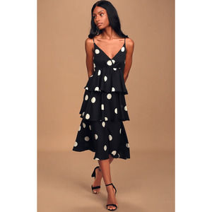 NWT OPT Cava Black Polka Dot Tiered Midi Dress
